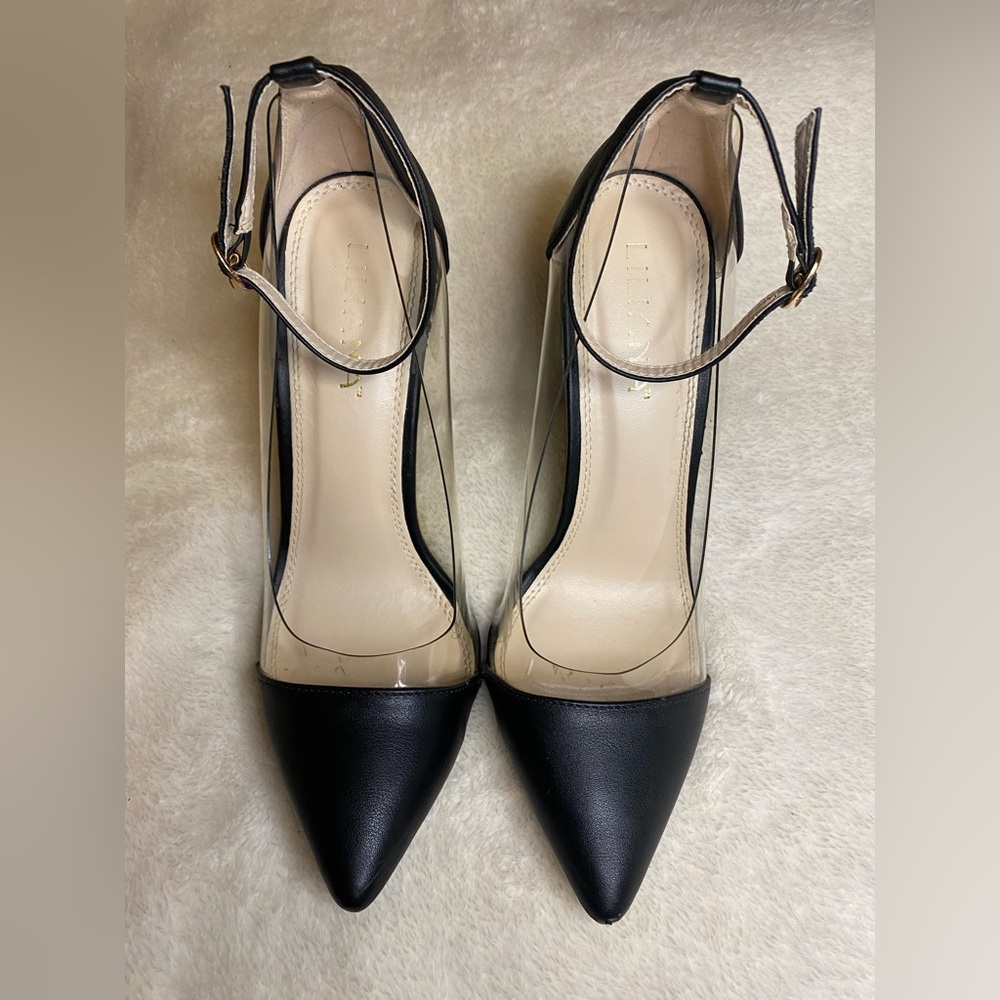 Liliana Black & Clear Stilettos Ankle Strap Black Heels Faux Leather Pointed Toe